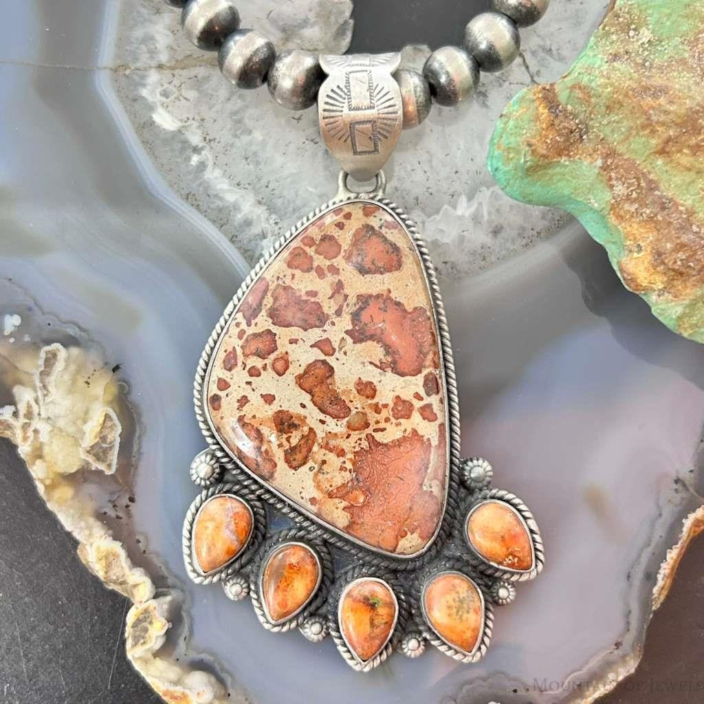 Sterling Silver Southwestern Style Picture Jasper & Spiny Oyster Pendant For Women