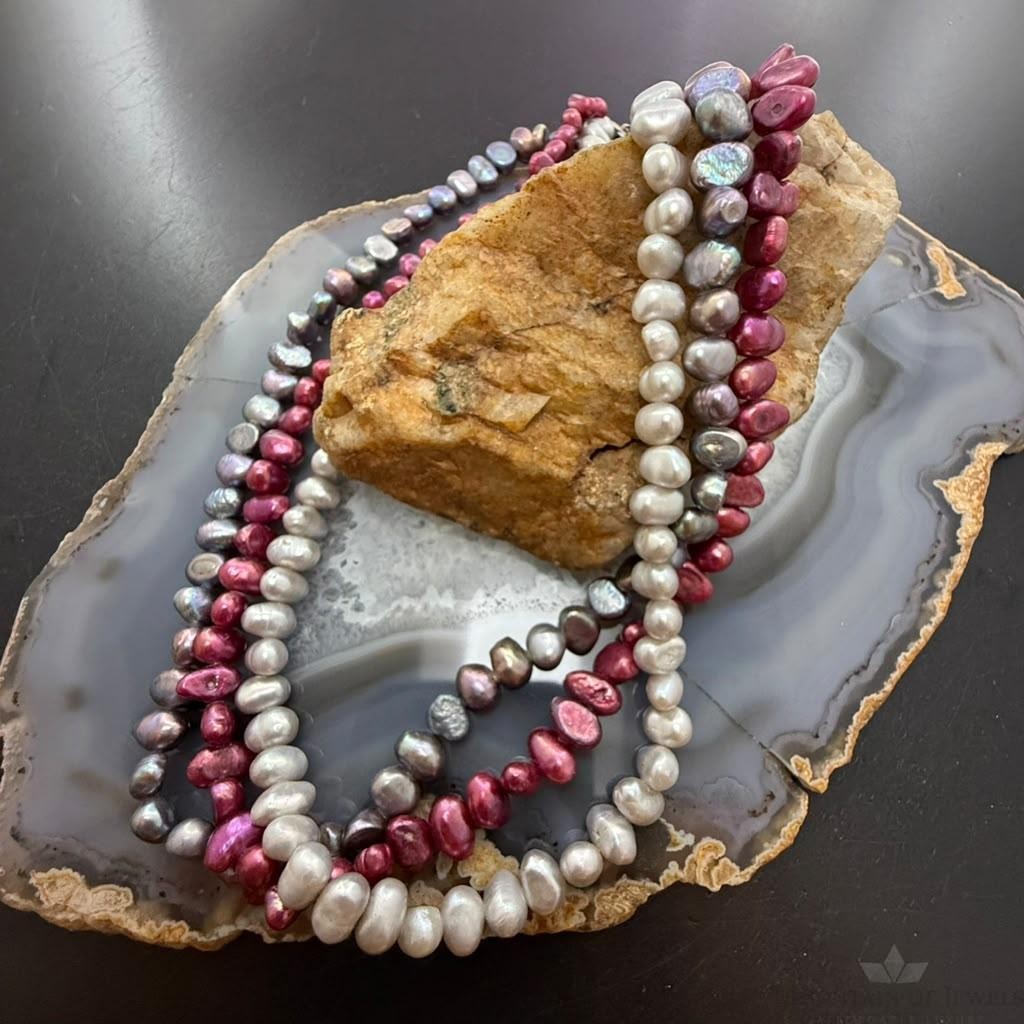 Sterling Silver 3 Strands Pink,Black,Gray Freshwater Pearl 17'-19" Necklace