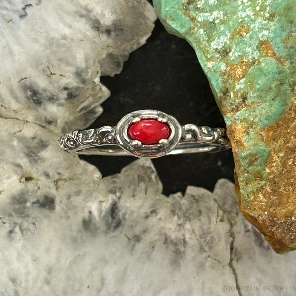 Carolyn Pollack Sterling Silver Oval Red Jasper Decorated Slim Ring For Women