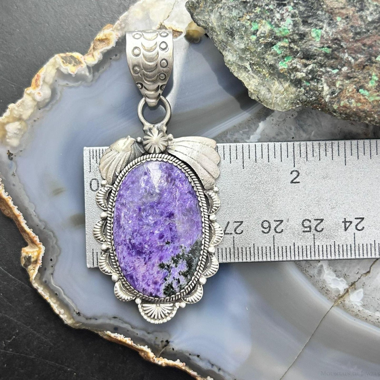 Sterling Silver Southwestern Style Oval Charoite Decorated Pendant For Women #1