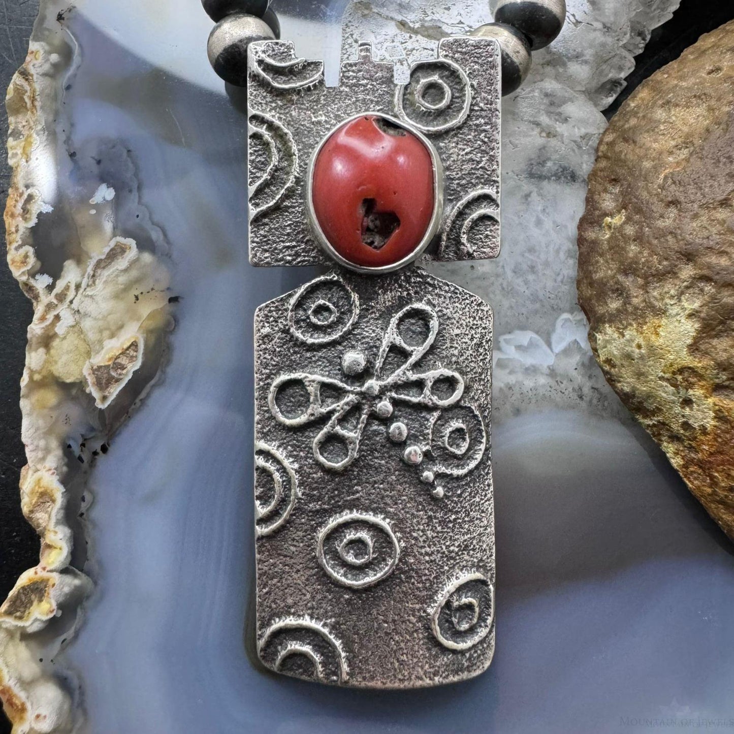 Cordell Pajarito Sterling  Silver Mediterranean Coral Tufa Cast Decorated Unisex Pendant