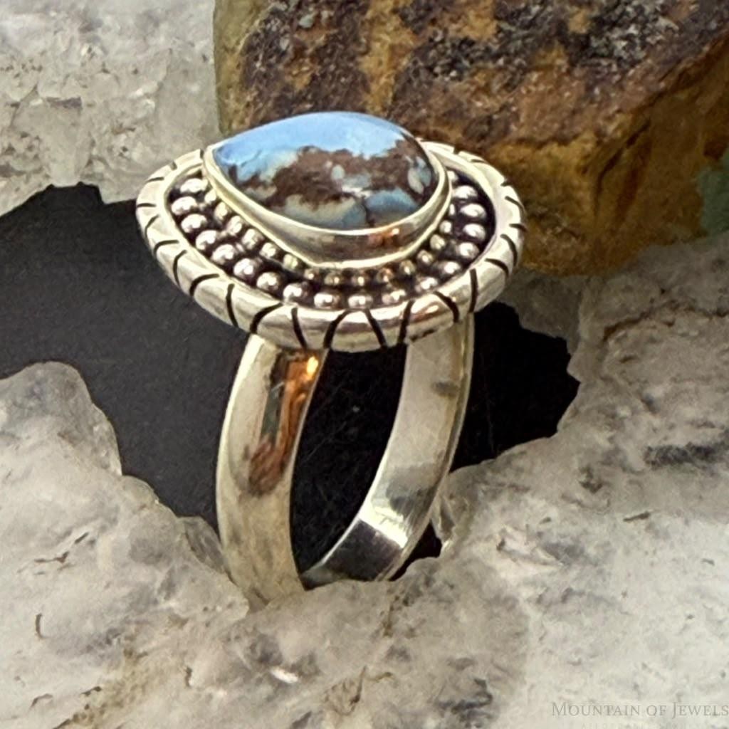 Sterling Silver Southwestern Style Teardrop Golden Hill Turquoise Ring Size 5 For Women