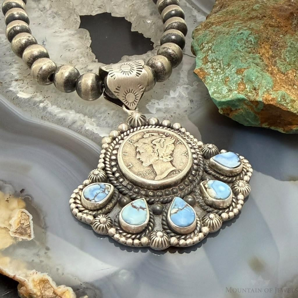 Sterling Silver Southwestern Style 1945 Mercury Dime & Golden Hill Turquoise Pendant