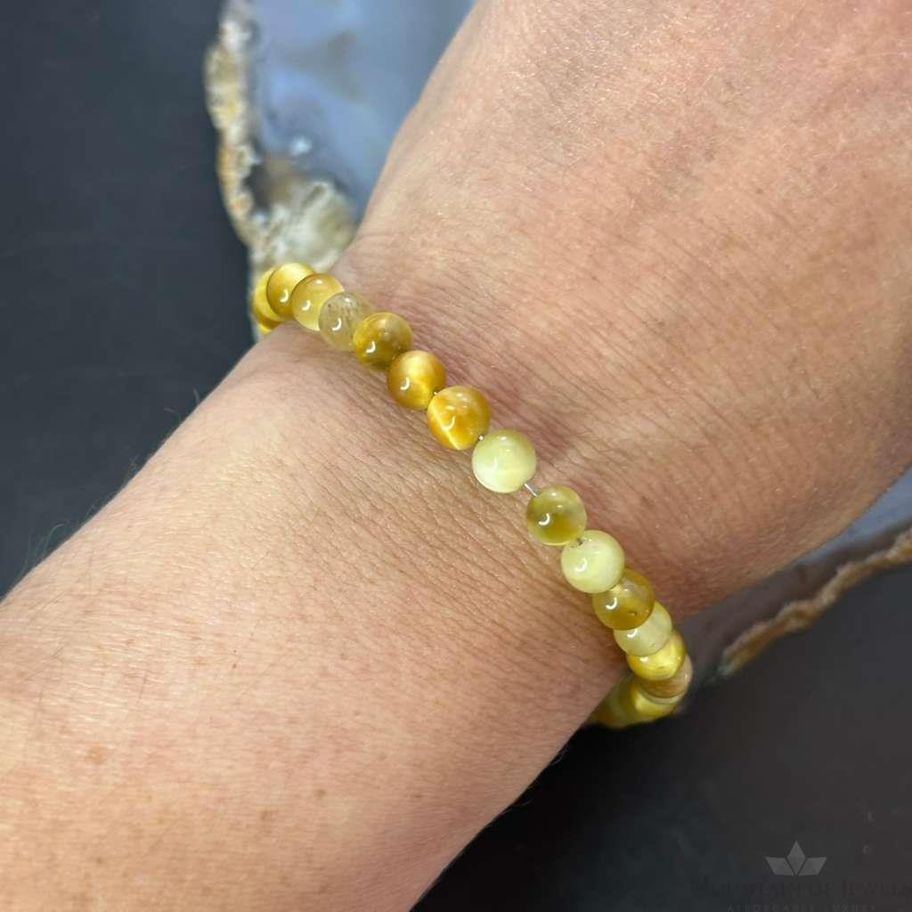 Sterling Silver 6mm Gold Tiger's Eye Beads Bracelet For Women