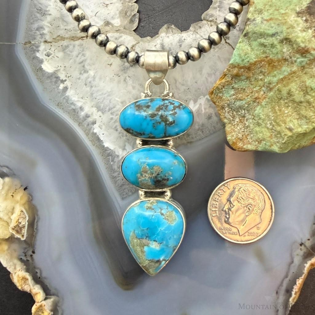 Sterling Silver Southwestern Style 3 Kingman Turquoise Pendant For Women