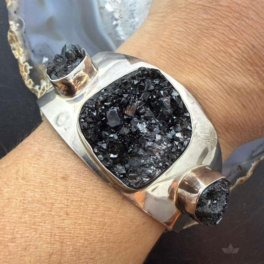 Vintage Lapidaria Barrera Mexico Silver 950 Black Druzy Quartz Cuff For Women