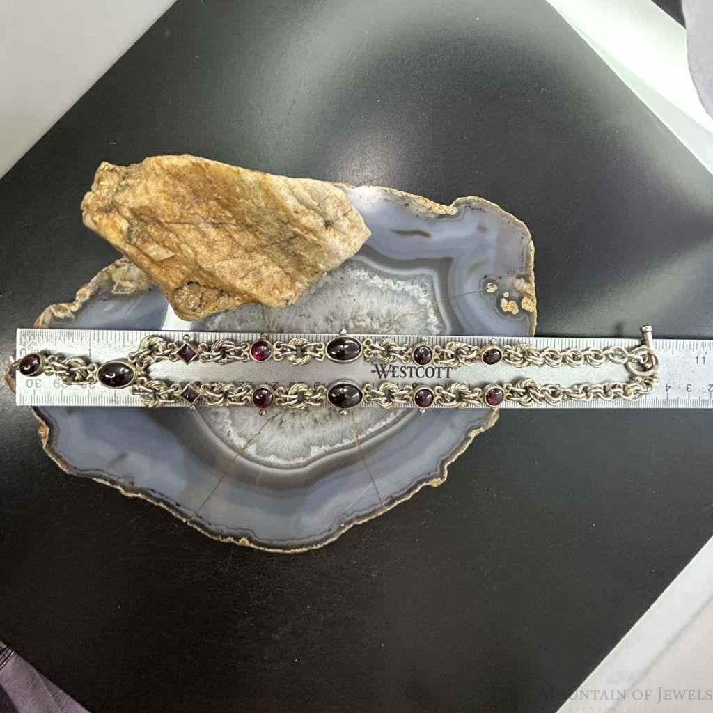 Signed Andes Miner Silver Garnet 20" Toggle Clasp Necklace For Women