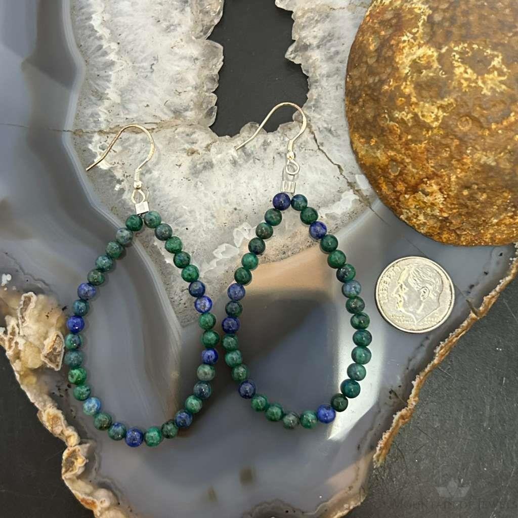 Sterling Silver 4mm Rounded Azurite Malachite Hoop Dangle Earrings For Women