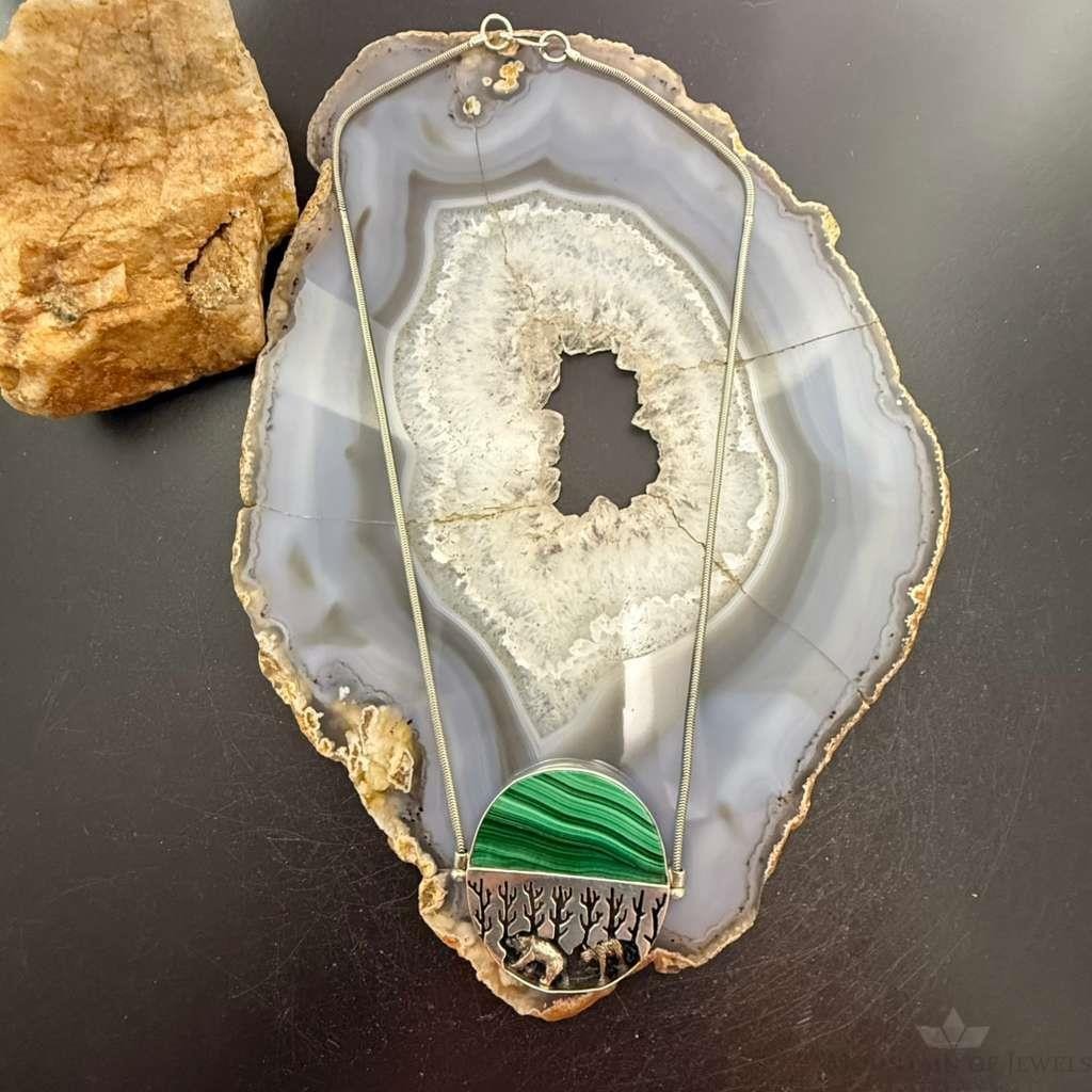 Sterling Silver Malachite With Two Bears In A Forest 20" Necklace For Women