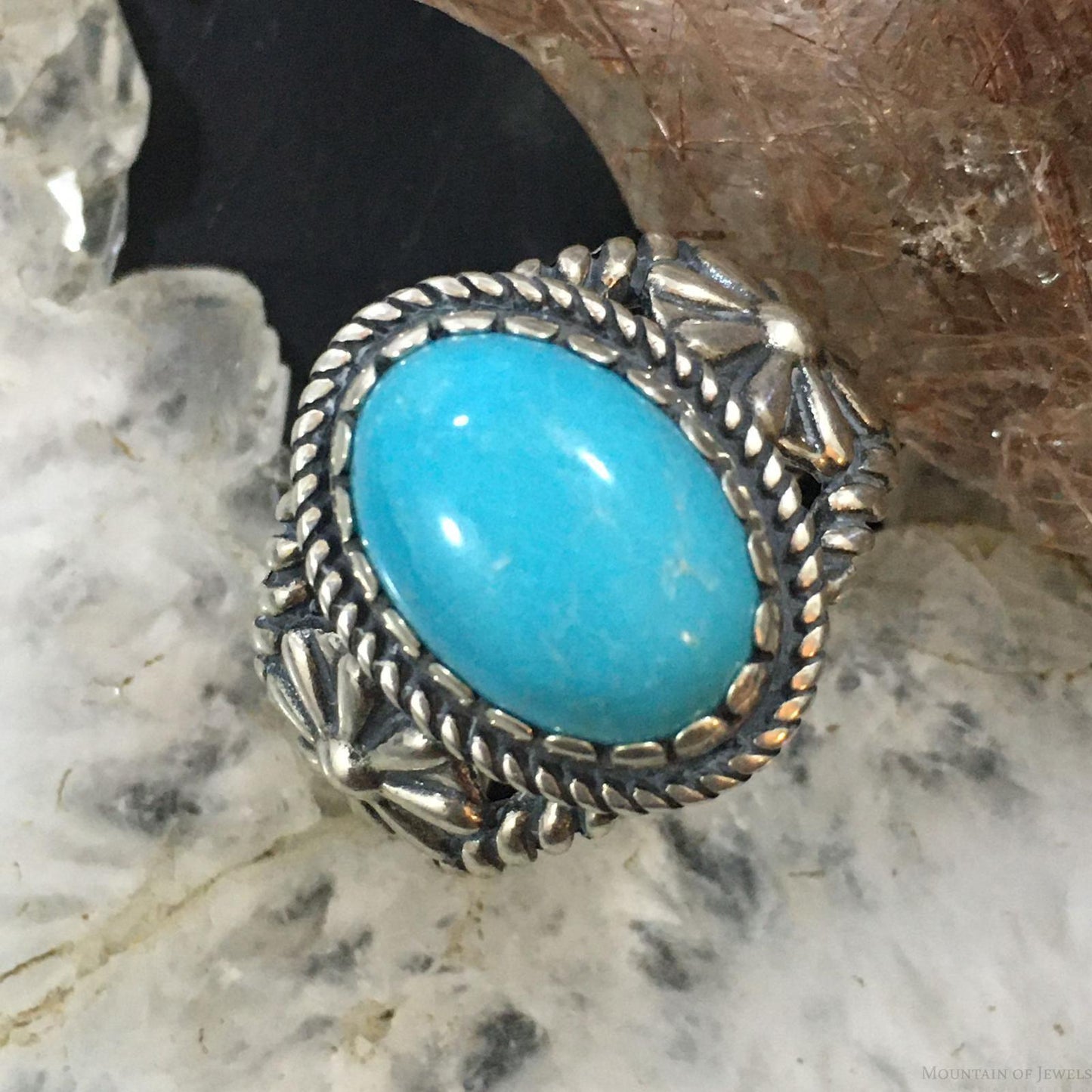 Carolyn Pollack Vintage Southwestern Style Sterling Silver Oval Turquoise Decorated Ring For Women