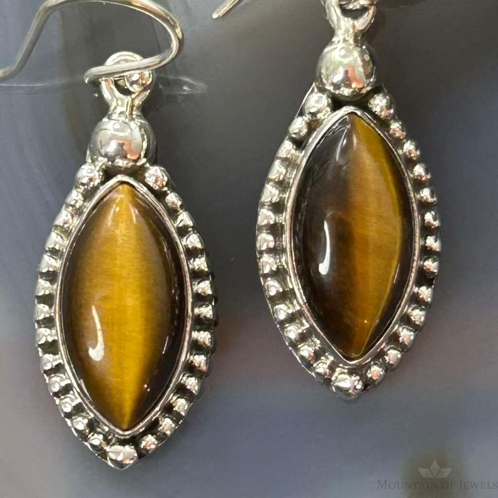 Sterling Silver Southwestern Style Marquise Tiger's Eye Earrings For Women