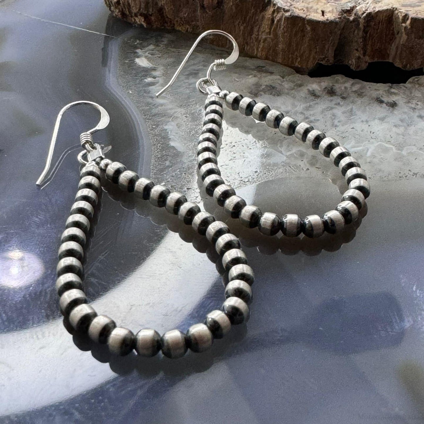 Native American Sterling Silver 4 mm Navajo Pearl Bead Hoop Earrings For Women