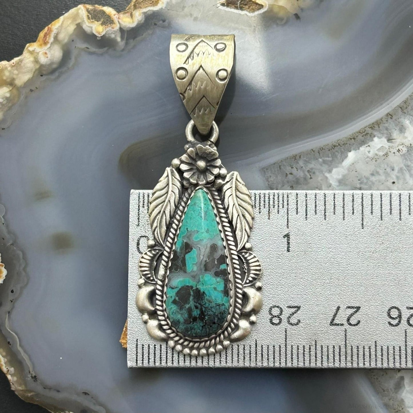 Sterling Silver Southwestern Style Teardrop Matrix Turquoise Decorated Pendant For Women