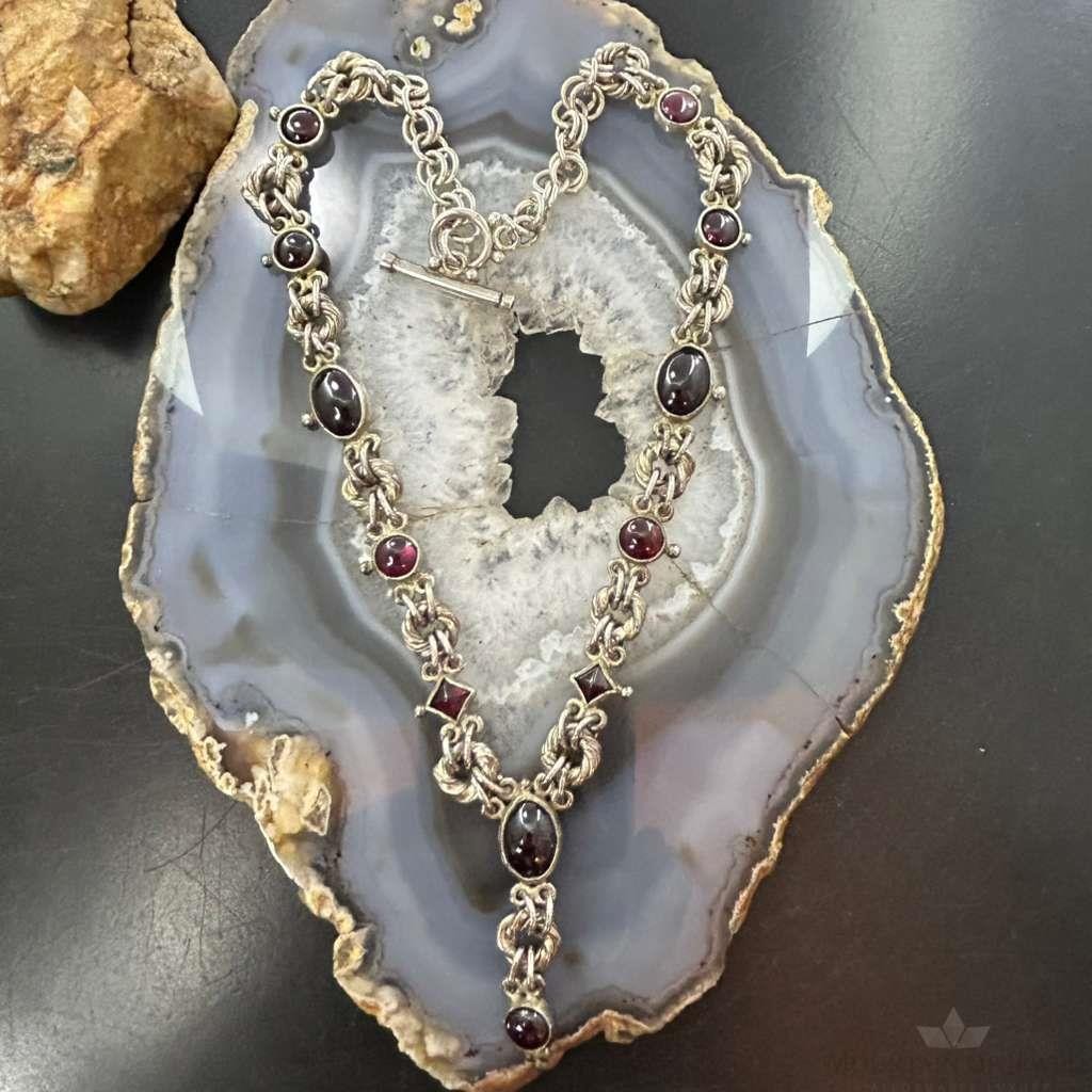 Signed Andes Miner Silver Garnet 20" Toggle Clasp Necklace For Women