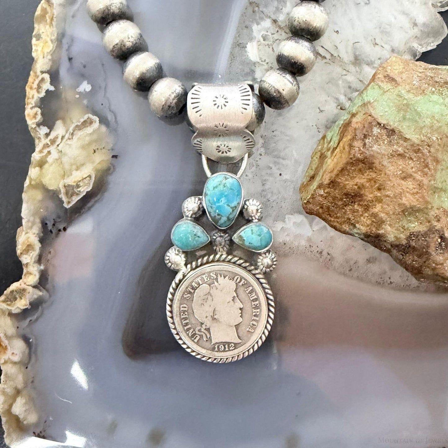 Genuine 1912 90% Silver Barber Head Dime Coin Mohave Turquoise Unisex Pendant