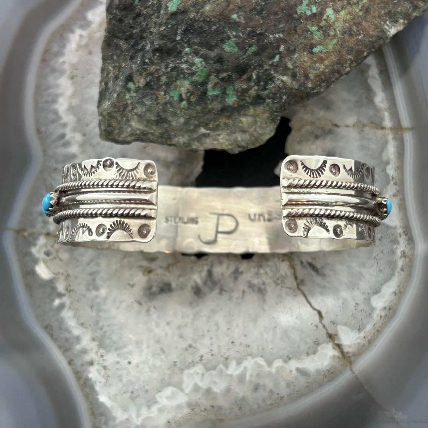 Jason & Pearl Ukestine Native American Sterling Silver Turquoise Single Row Bracelet For Women