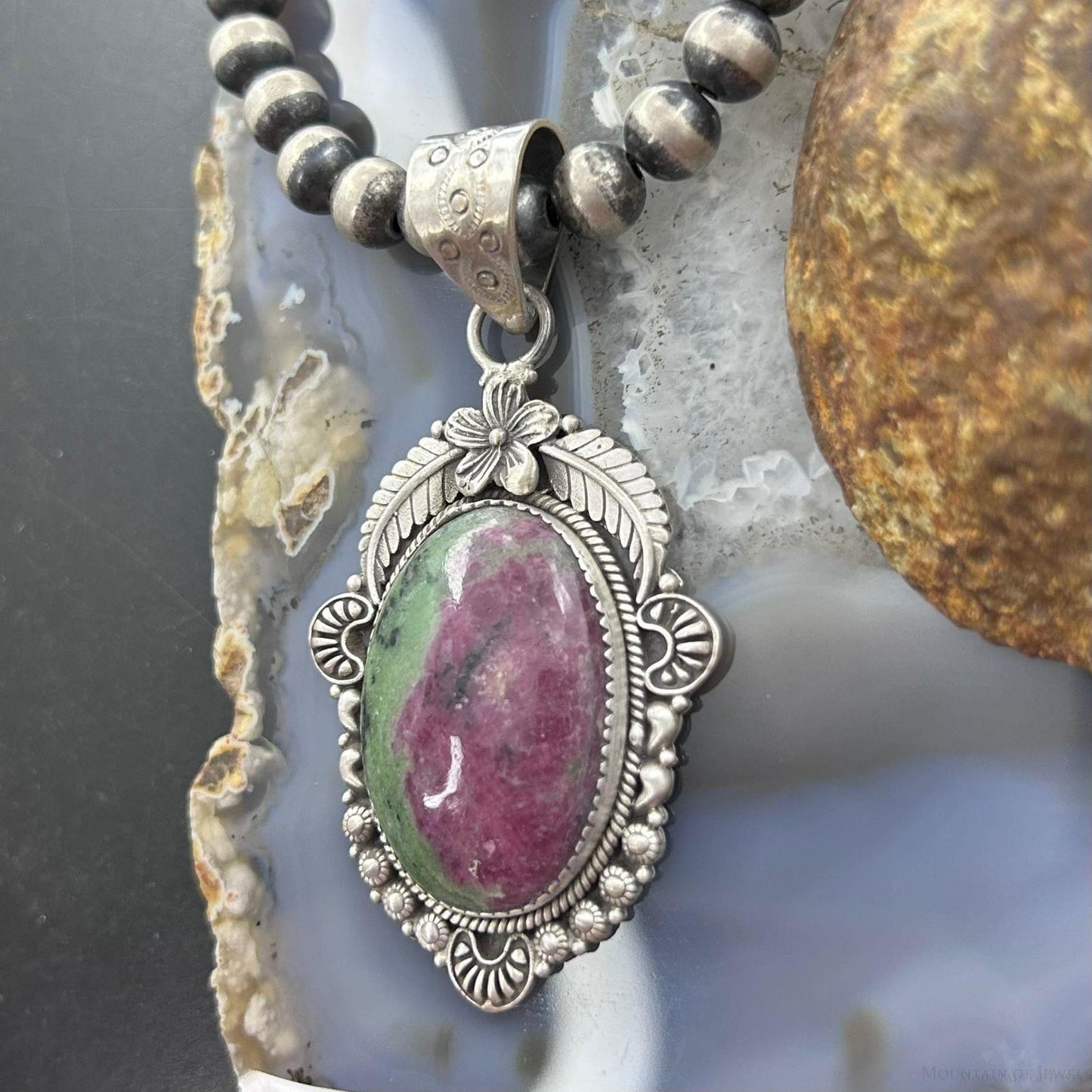 Sterling Silver Southwestern Style Oval Ruby Zoisite Pendant For Women