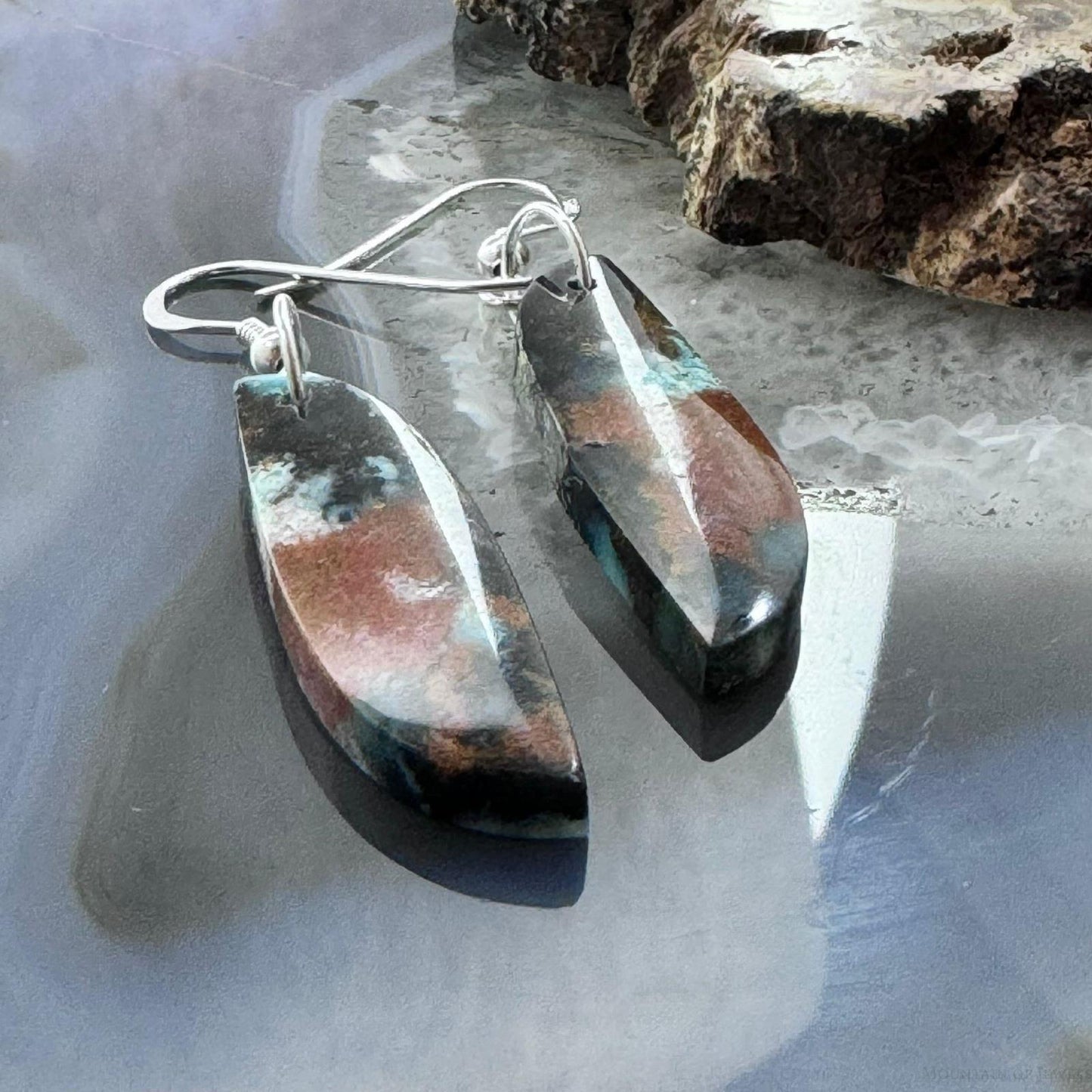 Sterling Silver Tilde Shape Chrysocolla Slab Dangle Earrings For Women #228