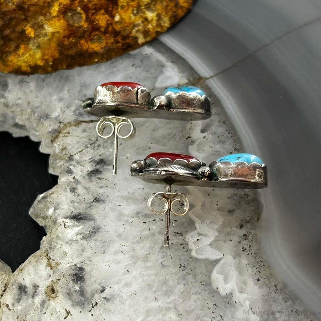 Native American Silver Turquoise & Coral Leaf Decorated Stud Earrings For Women