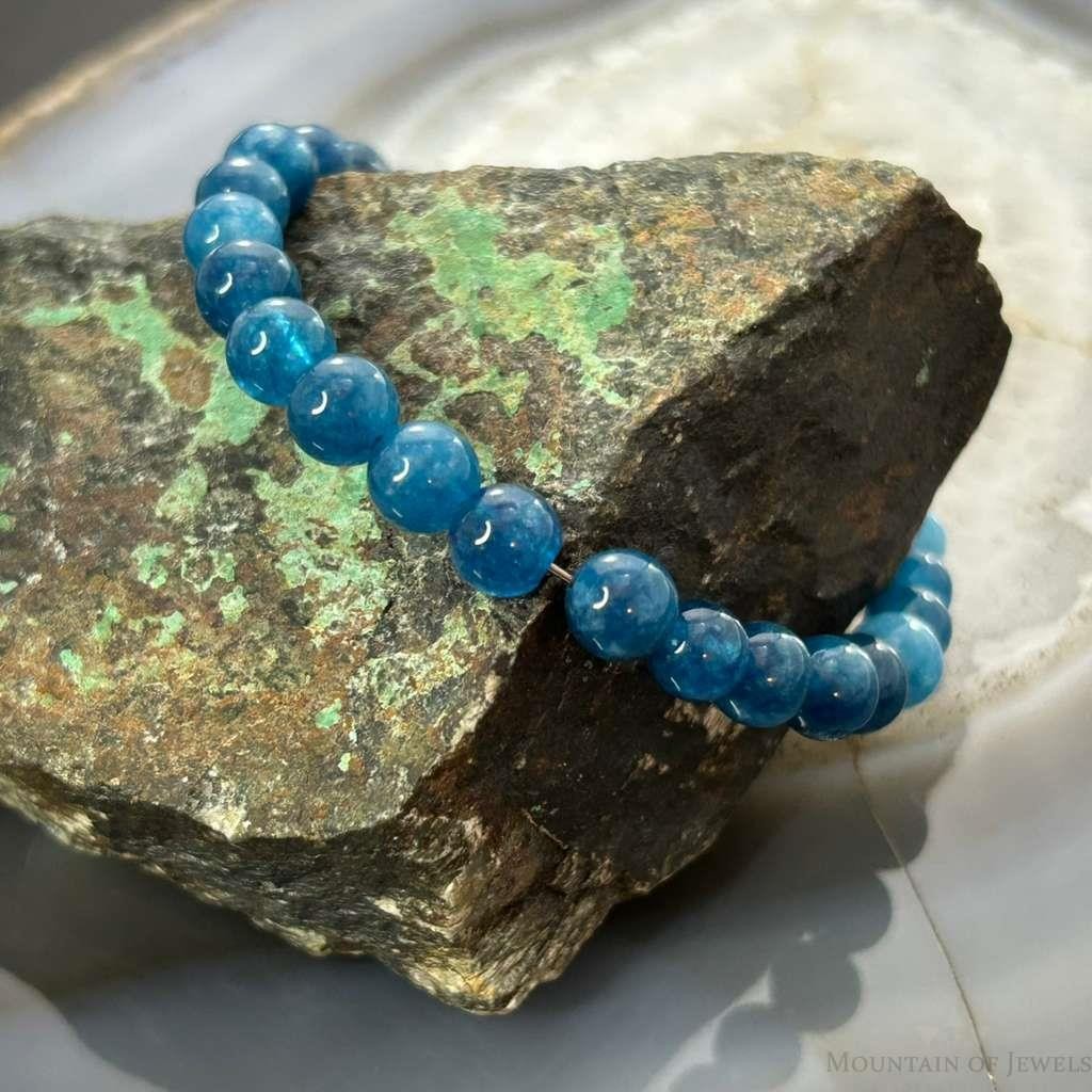 Sterling Silver 6mm Apatite Beads 7" Bracelet For Women