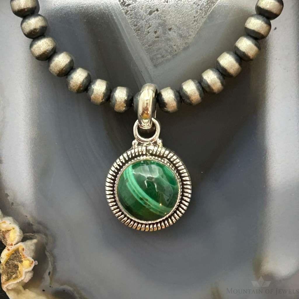 Sterling Silver Southwestern Style Round Malachite Decorated Charm/Pendant For Women