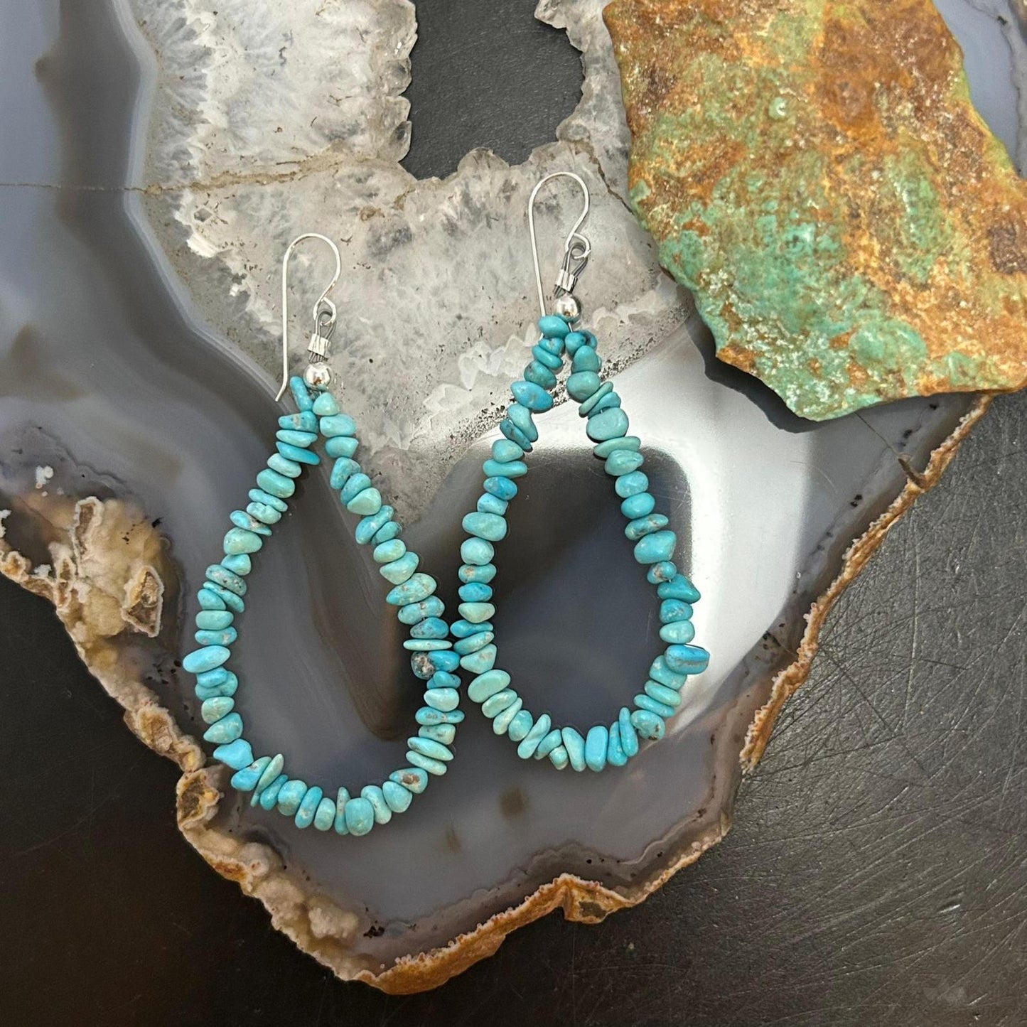 Sterling Silver Blue Natural Turquoise Beads Hoop Earrings For Women