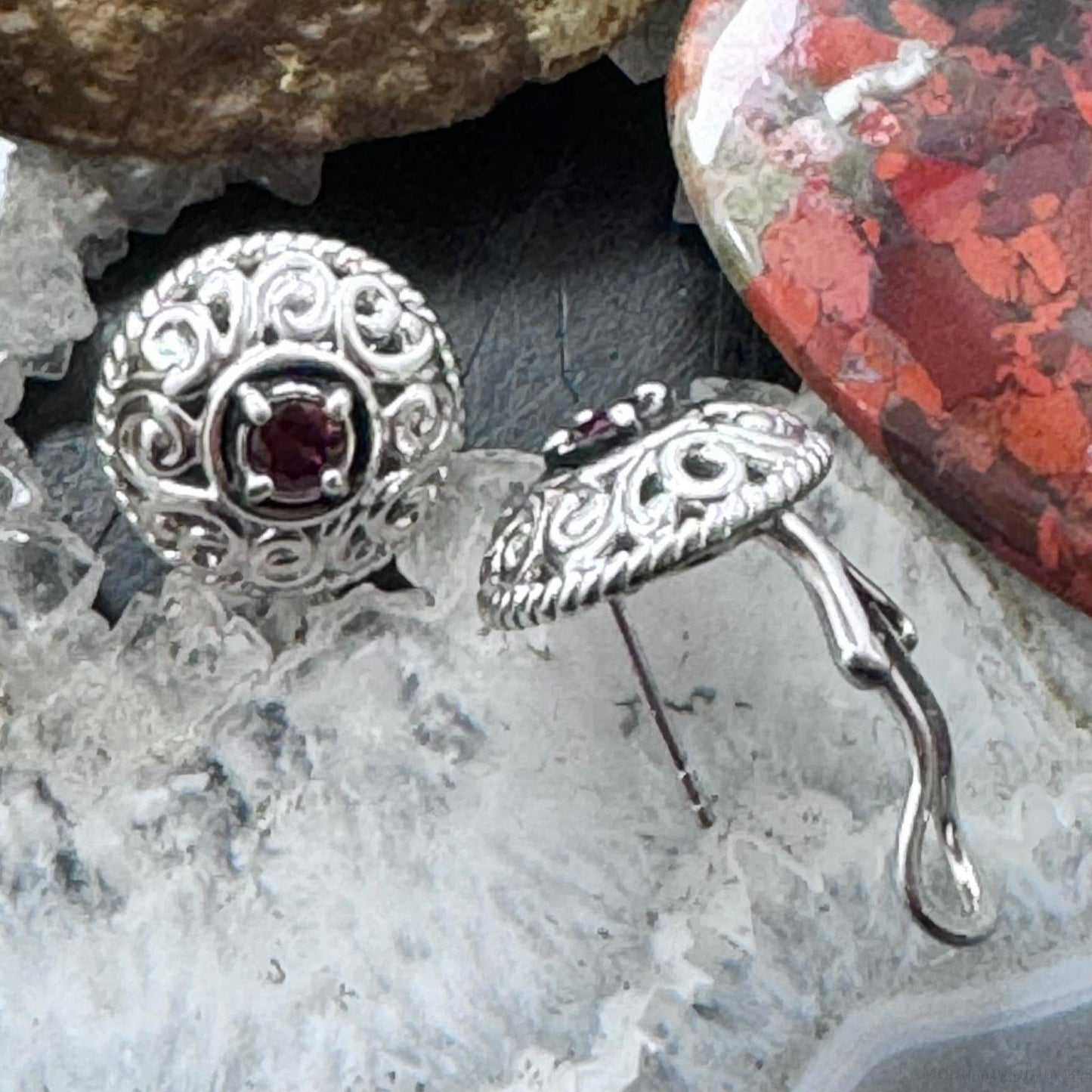 Carolyn Pollack Sterling Silver Faceted Round Garnet Omega Back Stud Earrings