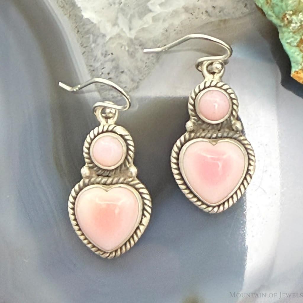 Sterling Silver Southwestern Style Heart Pink Conch Dangle Earrings For Women