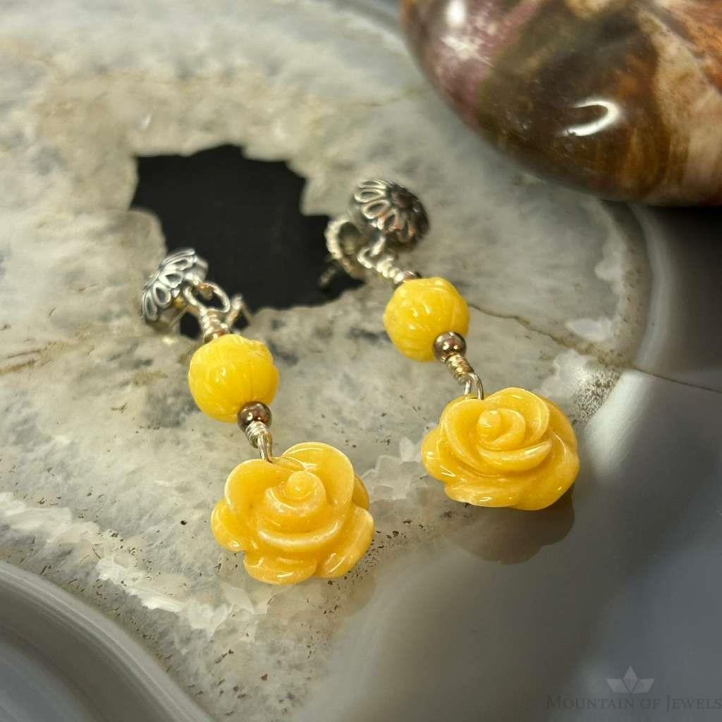 Carolyn Pollack Sterling Silver Yellow Jasper Rose Dangle Earrings For Women