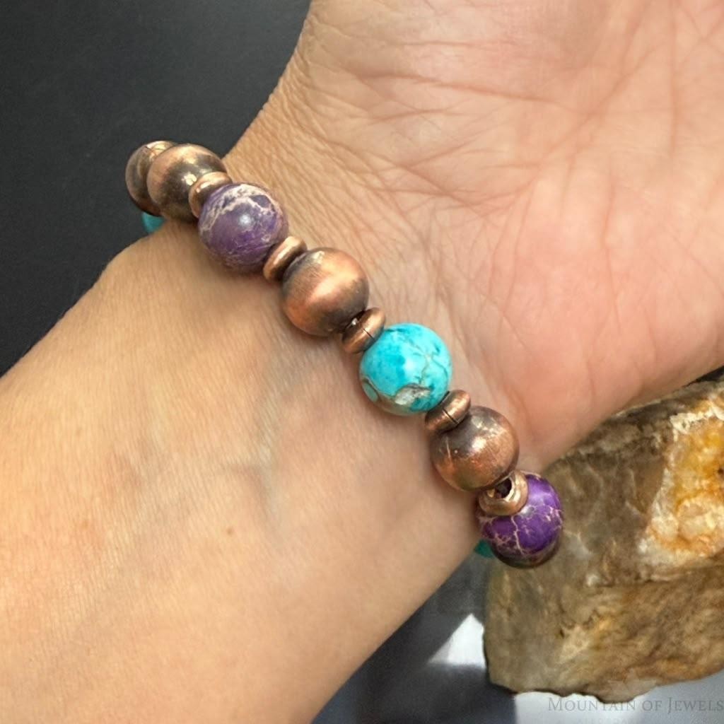 Southwestern Style 10mm Copper Navajo Pearl & 10mm Sediment Jasper Stretch Bracelet For Women