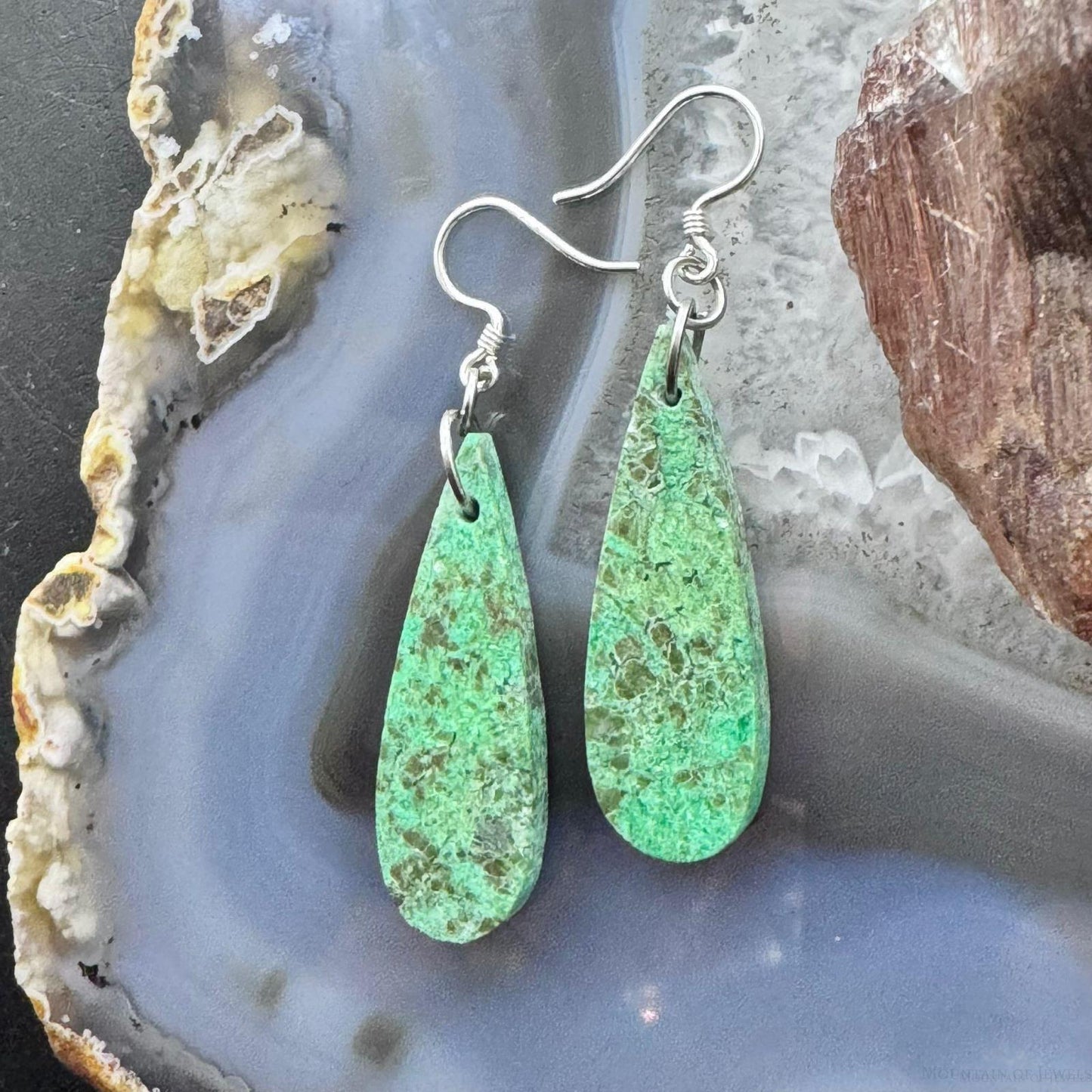 Sterling Silver Elongated Teardrop Green River Jasper Slab Dangle Earrings For Women #242