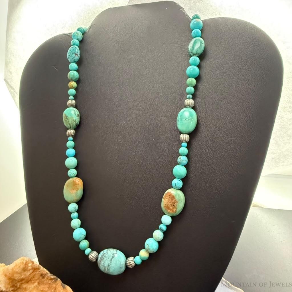 Carolyn Pollack Sterling Silver Round & Oval Turquoise Beads Decorated 20"-22" Necklace For Women