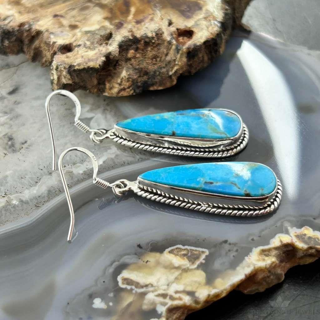 Sterling Silver Southwestern Style Teardrop Mojave Turquoise Dangle Earrings For Women