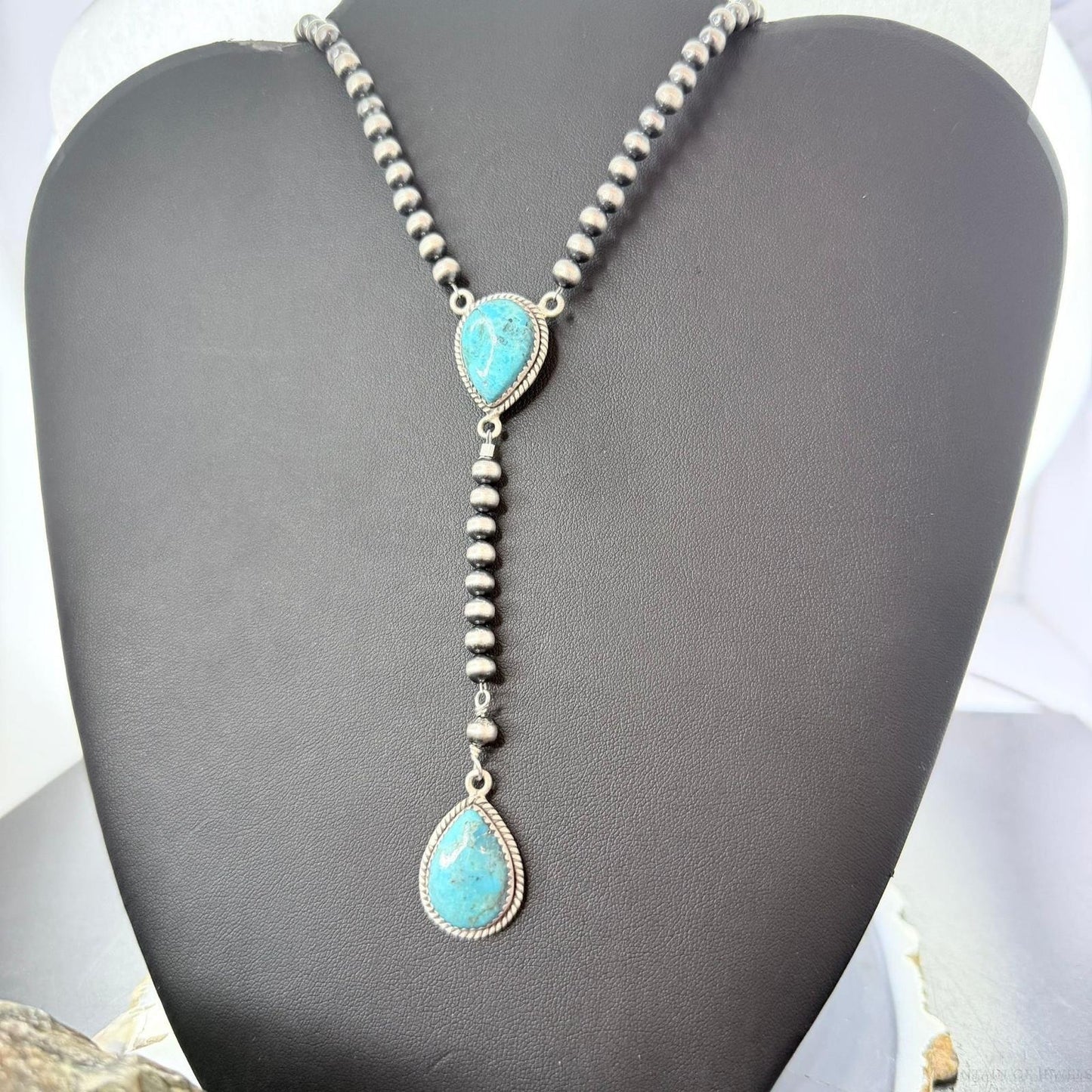 Sterling Silver Southwestern Style Turquoise 20"-22" Navajo Pearl Lariat Necklace For Women