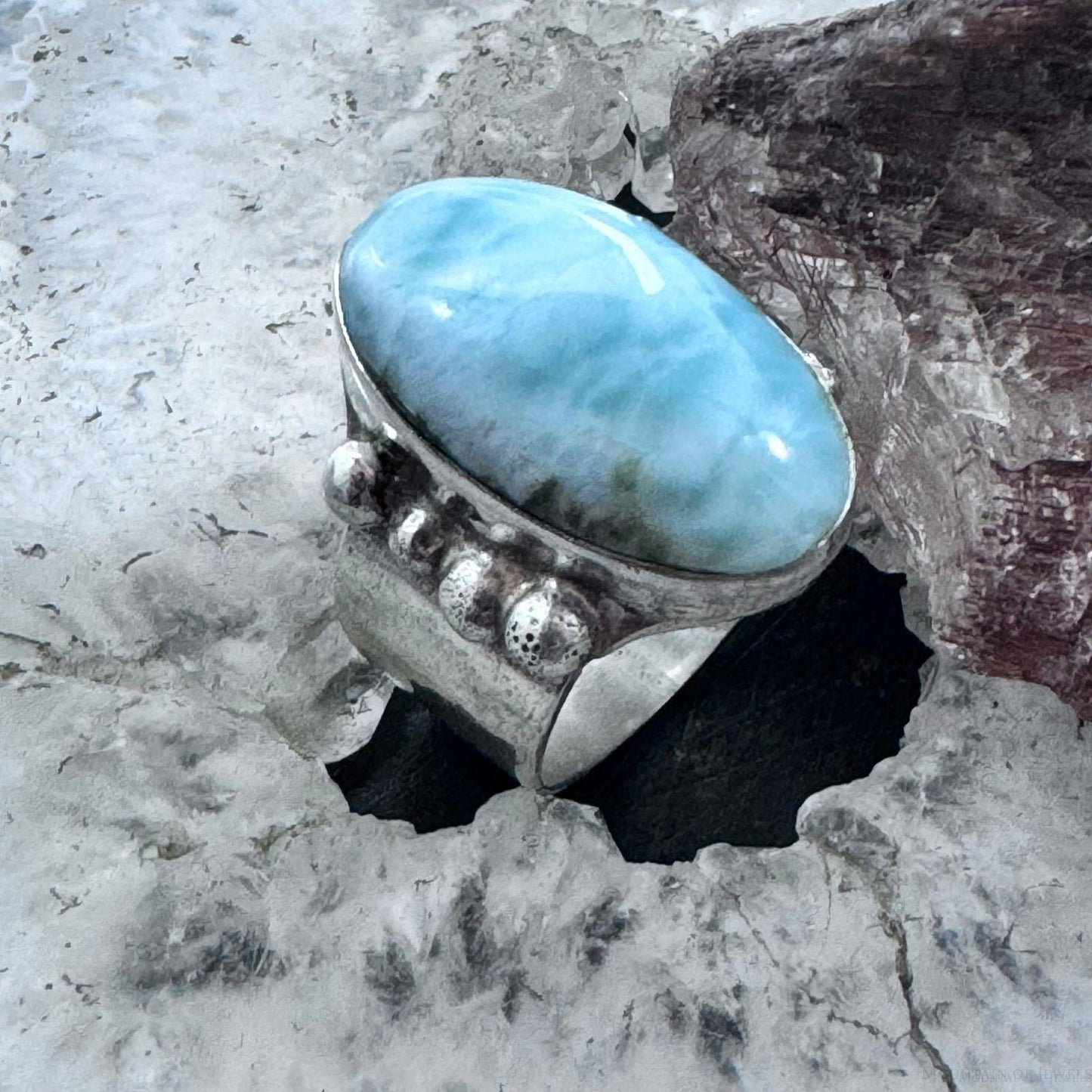 Sterling Silver Southwestern Style Oval Larimar Wide Band Ring Size 8 For Women