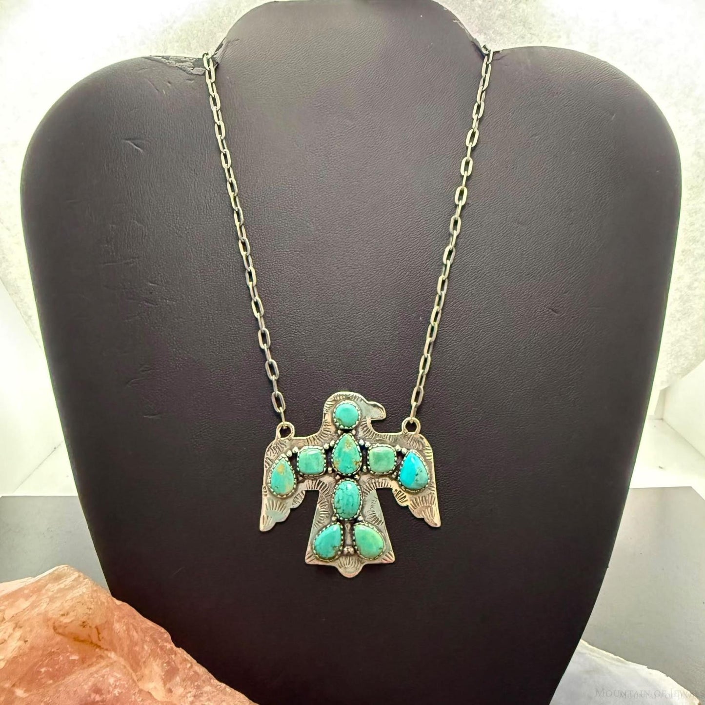 Sterling Silver Southwestern Style Kingman Turquoise Thunderbird Pendant Necklace #2