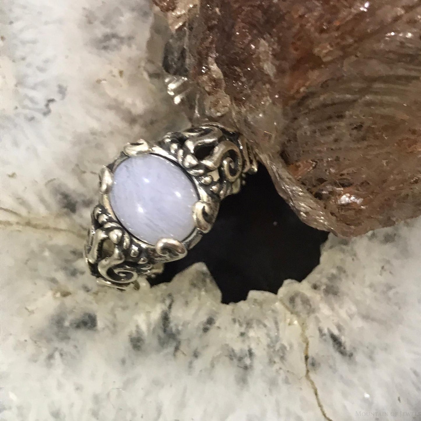 Carolyn Pollack Sterling Silver Oval Blue Lace Agate Decorated Ring Size 8.5 For Women