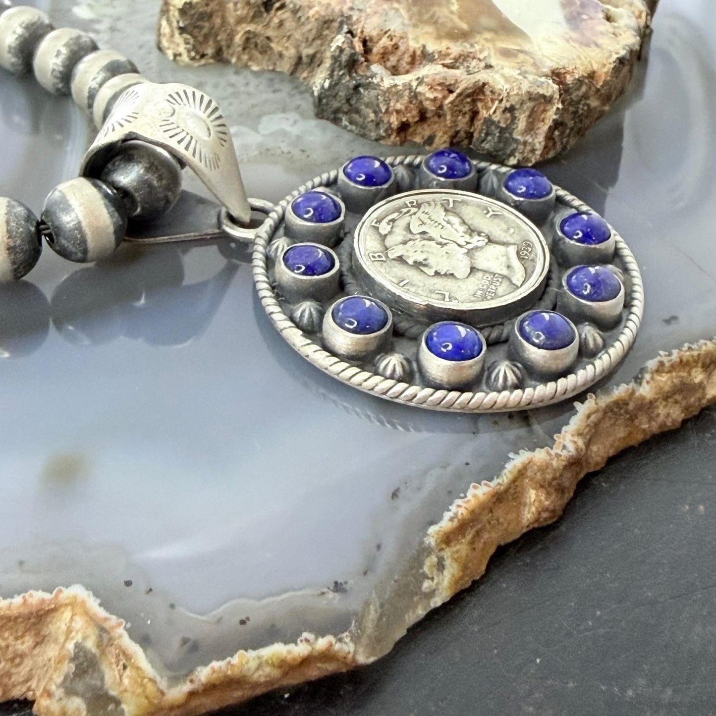 Genuine 90% Silver Mercury Dime Coin w/Lapis Decorated Unisex Pendant
