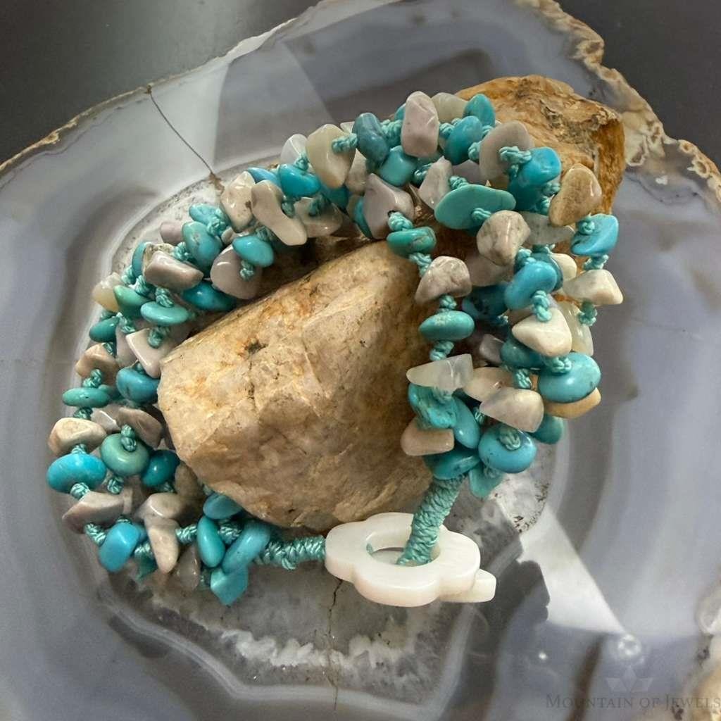 Sterling Silver Natural Turquoise and MOP Beads 6" Bracelet For Women