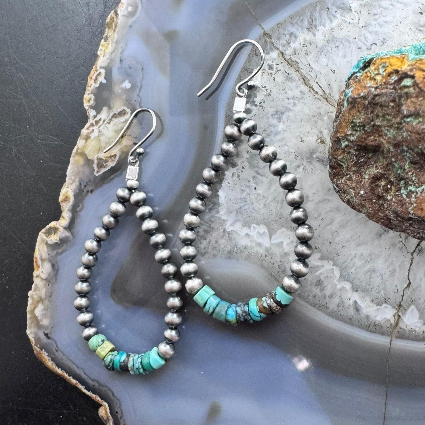 Sterling Silver Southwestern Style Navajo Pearl & Turquoise Bead Hoop Earrings For Women