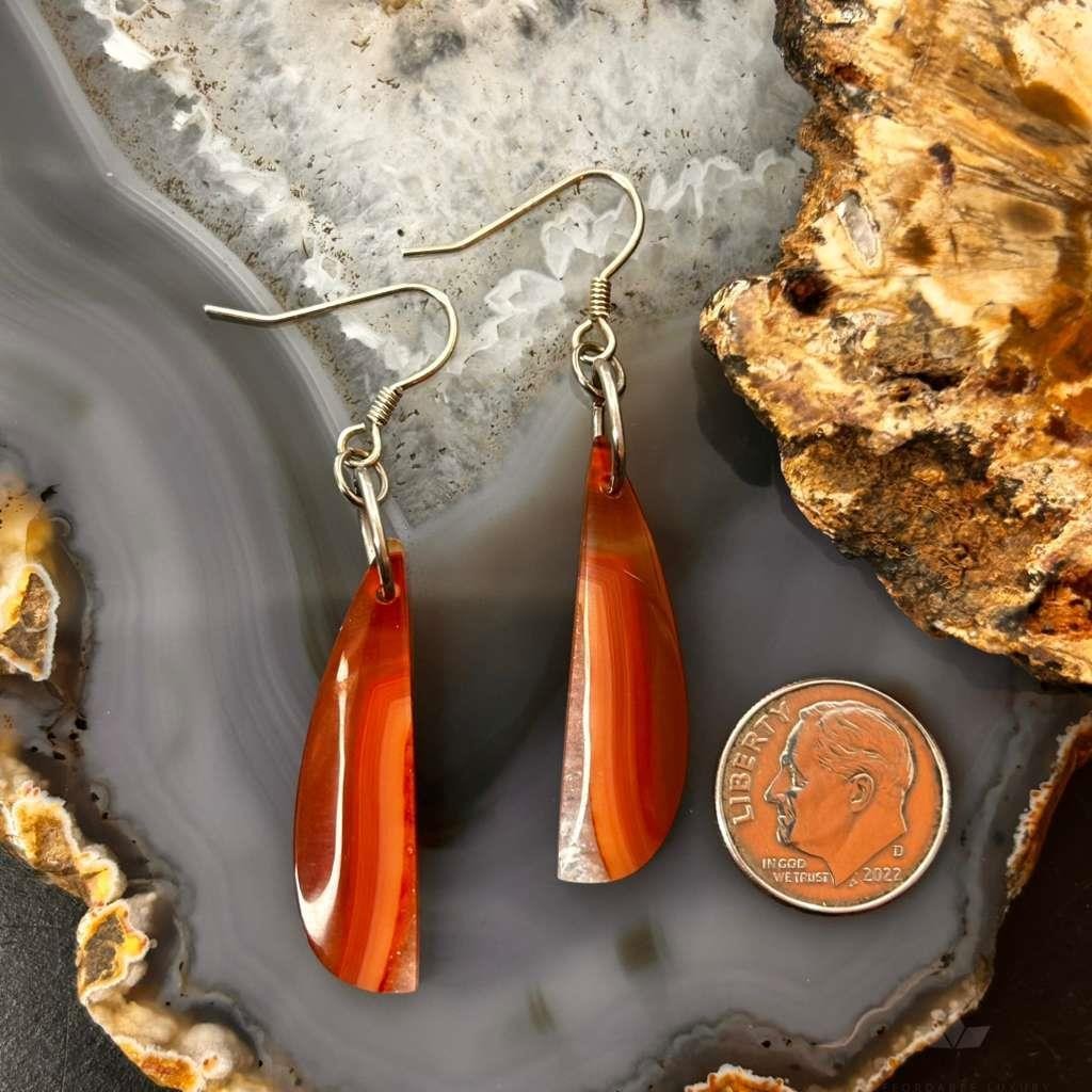 Sterling Silver Elongated Half Moon Carnelian Slab Dangle Earrings For Women 327