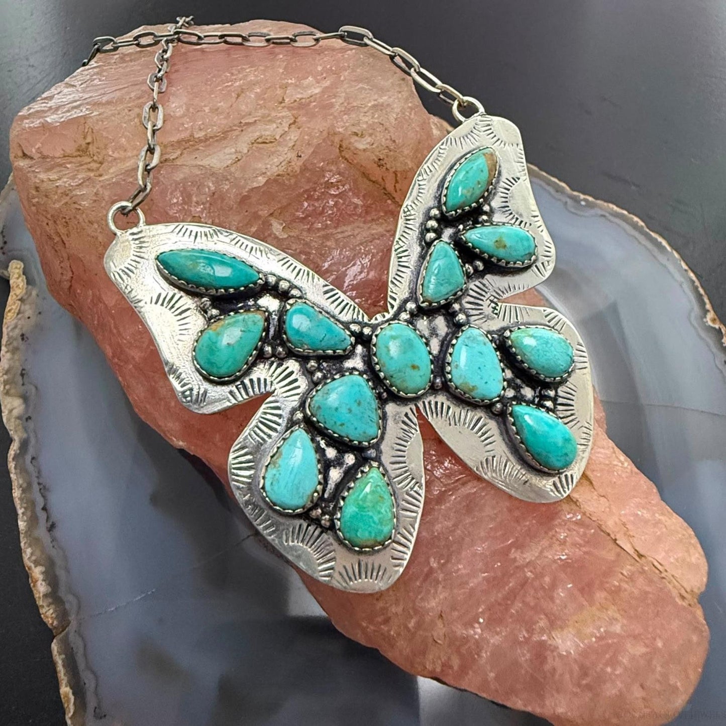 Sterling Silver Southwestern Style Kingman Turquoise Butterfly Pendant 20" Necklace For Women