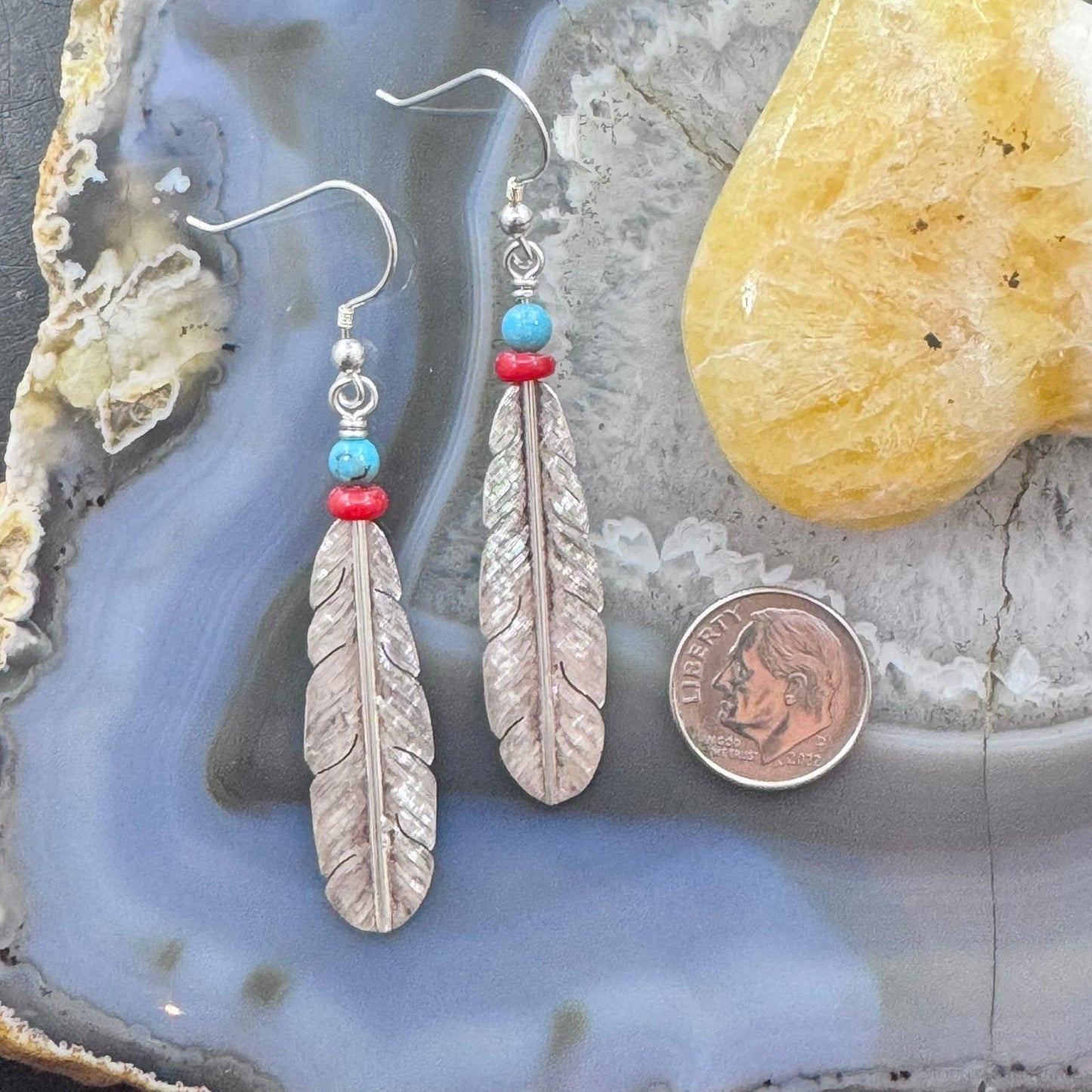 Anthony Gatewood Sterling Silver Turquoise & Coral Bead Feather Dangle Earrings For Women