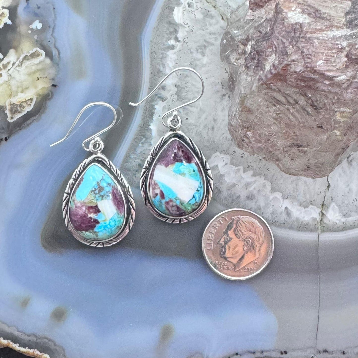 Native American Sterling Silver Turquoise & Spiny Oyster Composite Dangle Earrings For Women