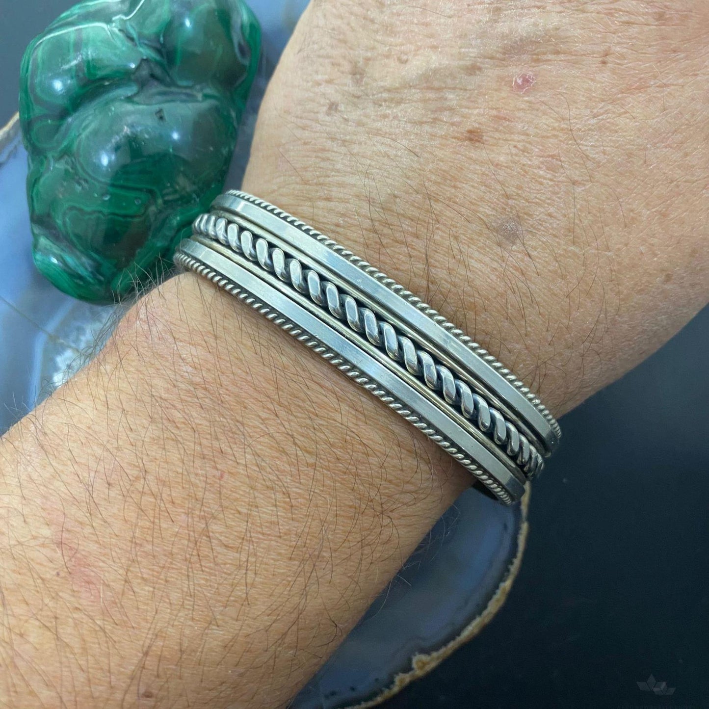 Tahe Vintage Native American Sterling Silver Stripes & Rope Bracelet For Men