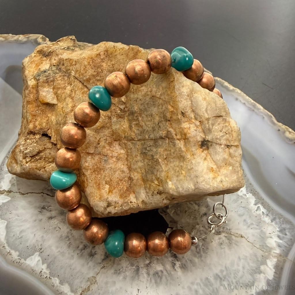 Copper 7.5mm Pearl Beads & Turquoise 6.25" Bracelet For Women
