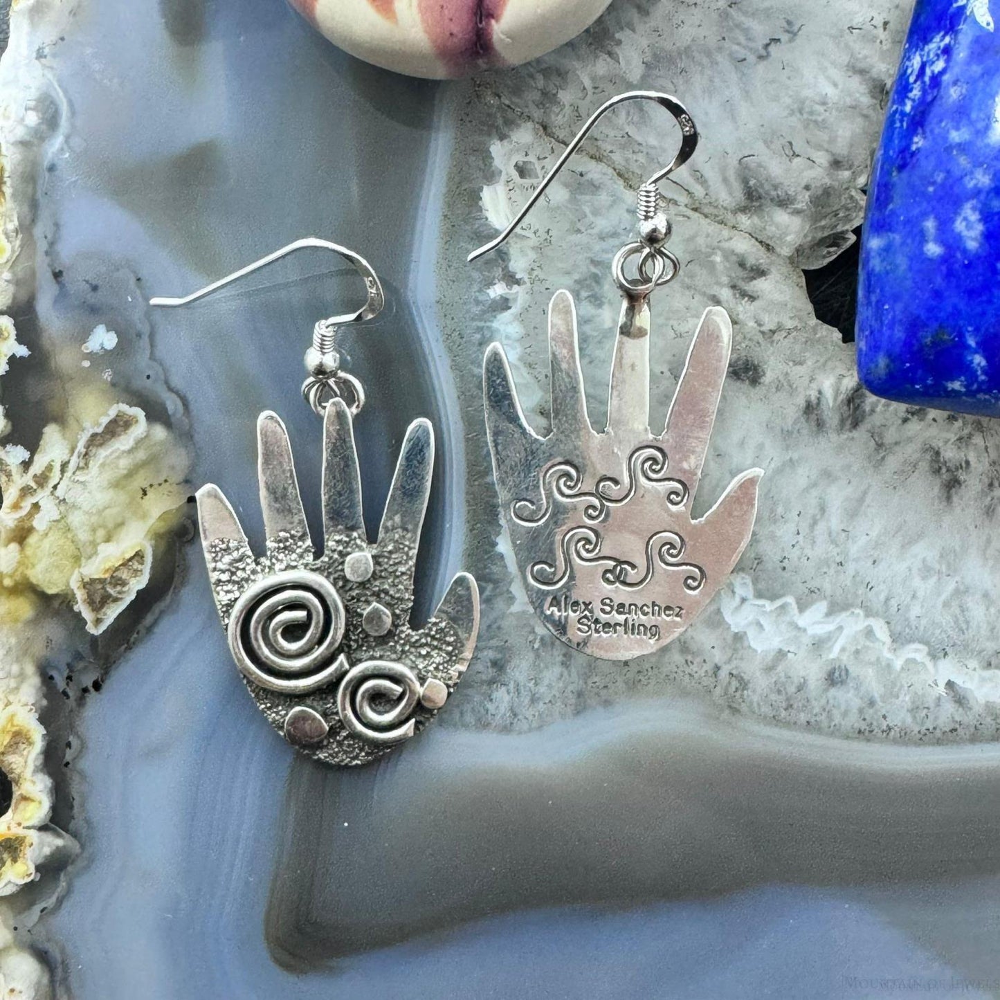 Alex Sanchez Sterling Silver Ancestors Hand Petroglyph Dangle Earrings For Women