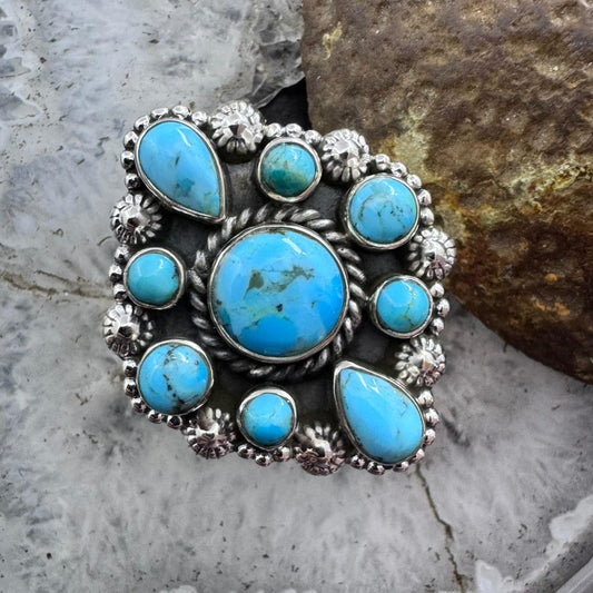 Sterling Silver Southwestern Style Composite Turquoise Cluster Adjustable Ring For Women
