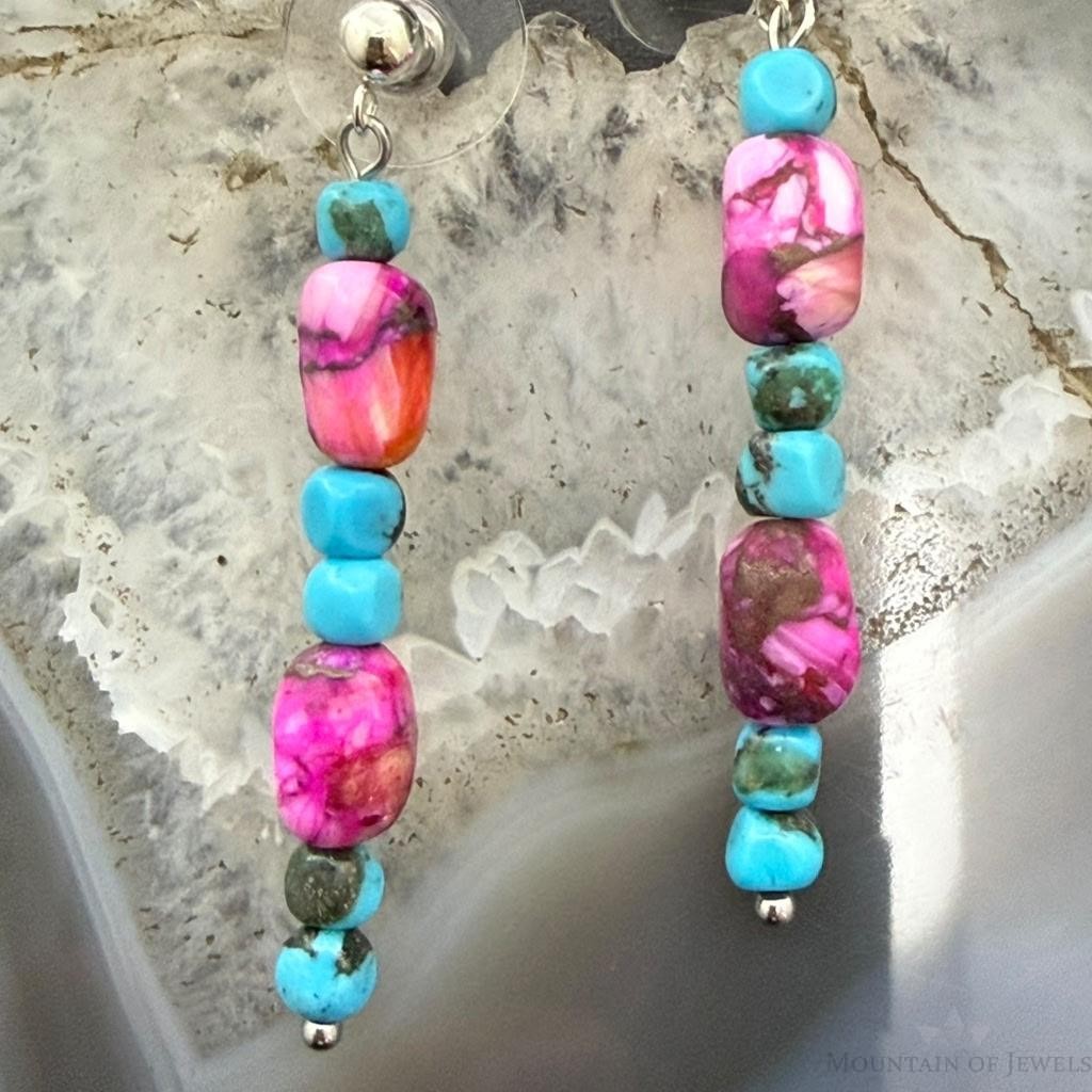 Sterling Silver Turquoise & Pink Dahlia Beads Long Dangle Earrings For Women