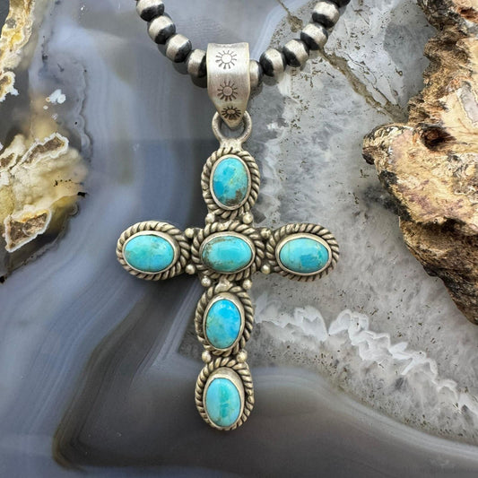 Sterling Silver Southwestern Style 6 Oval Turquoise Decorated Unisex Cross Pendant